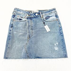 Zara The Crossed Fly Mini Skirt Azure Denim Jean Straight Raw Hem Size S NWT